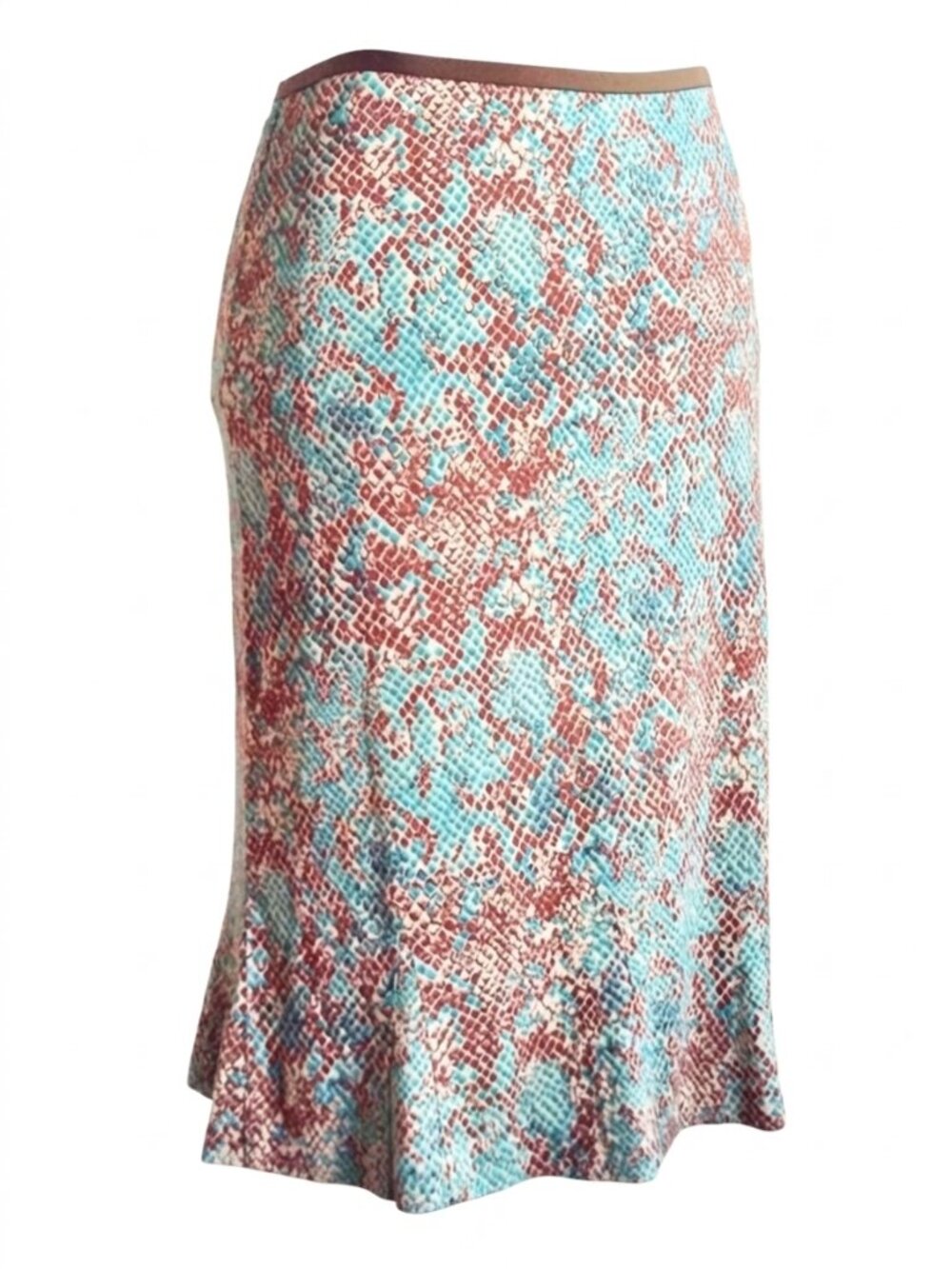 DVF Blake Skirt 100% SILK 6 Jersey Blue Brown Snake Print Fluted Archival 2010s